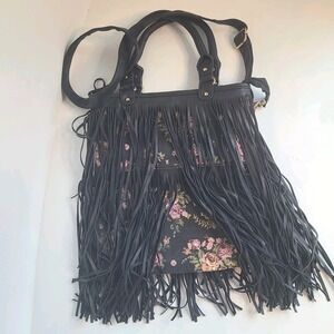 NU G Black‎ SHREDDED FRINGE Rose Canvas handbag CROSSBODY LARGE Tote Bag Boho